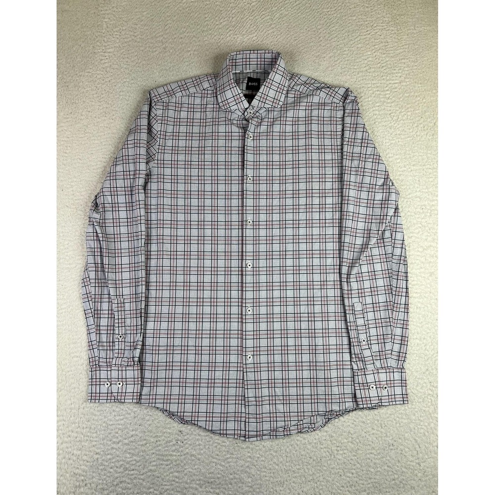 BOSS Hugo Boss Dress Shirt Mens 15.5 White Plaid H-Hank Slim Fit Stretch LS